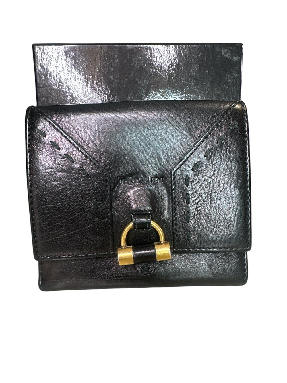 YSL vintage Black Leather Compact Wallet with Gold Hardware
